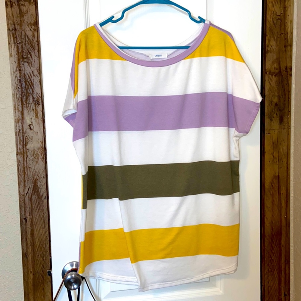 Purple, green and yellow flowy top